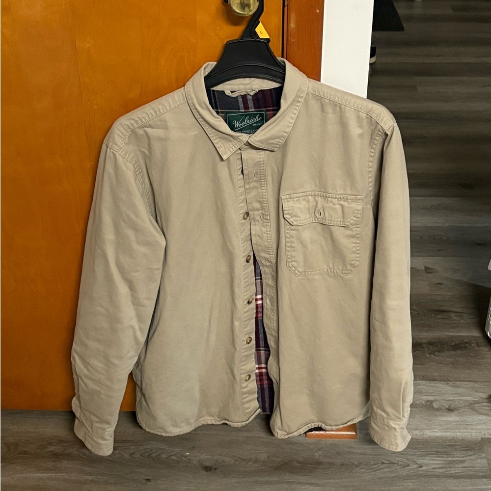Woolrich Men's Beige Button Down Shirt Jacket Plaid Lined